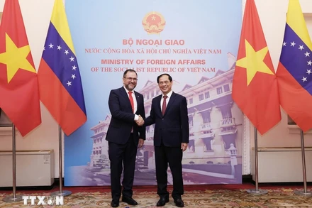 Bộ trưởng Ngoại giao Bùi Thanh Sơn với Bộ trưởng Ngoại giao Cộng hòa Boliva Venezuela Yvan Gil Pinto. (Ảnh: TTXVN)