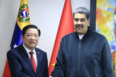 Đồng chí Phan Đình Trạc hội kiến Chủ tịch Đảng PSUV, Tổng thống Venezuela Nicolás Maduro. (Ảnh: TTXVN)
