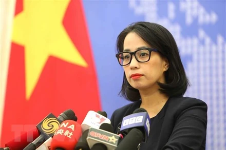 Người Phát ngôn Bộ Ngoại giao Phạm Thu Hằng chủ trì họp báo thường kỳ tháng 7. (Ảnh: TTXVN)