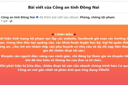 Trang thông tin chính thức trên Facebook của Công an tỉnh Đồng Nai đã phát đi thông tin cảnh báo liên quan đến thủ đoạn mạo danh trại hè hướng nghiệp để lừa đảo, chiếm đoạt tiền của phụ huynh. (Ảnh chụp màn hình)