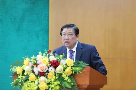 Đồng chí Phan Đình Trạc, Ủy viên Bộ Chính trị, Bí thư Trung ương Đảng, Trưởng Ban Nội chính Trung ương phát biểu tại Hội nghị toàn quốc tổng kết công tác ngành nội chính Đảng năm 2022, triển khai nhiệm vụ năm 2023, ngày 4/1/2023. (Ảnh: BNCTW)