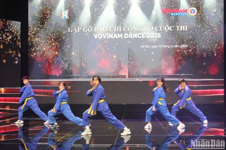 Các võ sinh biểu diễn Võ nhạc Vovinam. (Ảnh: PHAN THẠCH)