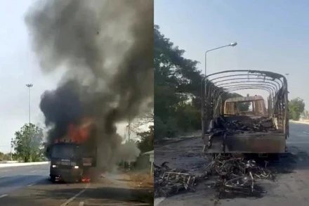 Hiện trường chiếc xe tải chở xe đạp và trang thiết bị phục vụ thi đấu của Đội tuyển Xe đạp Việt Nam bị cháy rụi. (Ảnh: Facebook)