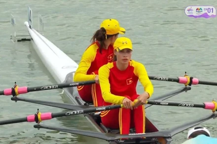 Nguyễn Thị Giang và Phạm Thị Thảo vào chung kết nội dung thuyền đôi nữ hạng nặng hai mái chèo. (Ảnh: ASIAD)