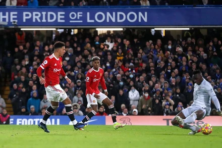 Jadon Sancho ghi bàn thắng mở tỉ số trong trận đấu vòng 13 mùa giải 2021-2022 với Chelsea ngày 28/11/2021. (Ảnh: Premier League)