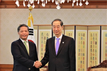 Trưởng Ban Kinh tế Trung ương Trần Tuấn Anh với Thủ tướng Chính phủ Han Duck-soo. (Ảnh: TTXVN)