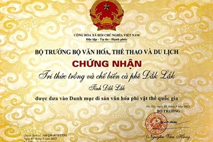 Chứng nhận của Bộ trưởng Văn hóa, Thể thao và Du lịch về việc “Tri thức trồng và chế biến cà-phê Đắk Lắk” được đưa vào Danh mục di sản văn hóa phi vật thể quốc gia.