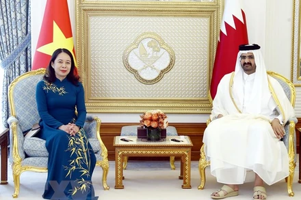 Phó Chủ tịch nước Võ Thị Ánh Xuân và Phó Quốc vương Qatar H.H. Sheikh Abdullah Bin Hamad Al Thani tại buổi hội đàm. (Ảnh: Lâm Khánh/TTXVN)
