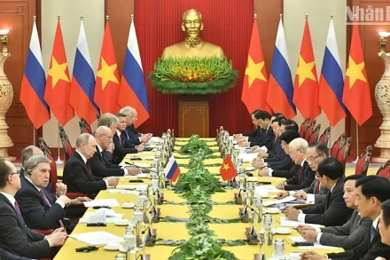 Tổng Bí thư Nguyễn Phú Trọng và Tổng thống Liên bang Nga Vladimir Putin hội đàm ngày 20/6/2024. (Ảnh: ĐĂNG KHOA)