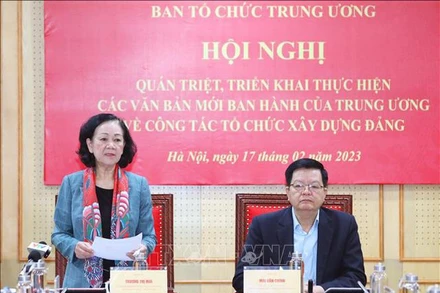 Trưởng Ban Tổ chức Trung ương Trương Thị Mai phát biểu chỉ đạo Hội nghị. (Ảnh: TTXVN) 