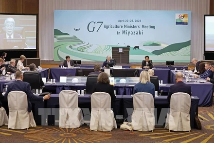 Hội nghị các Bộ trưởng Nông nghiệp Nhóm các nền công nghiệp phát triển hàng đầu thế giới (G7) tại thành phố Miyazaki, Tây Nam Nhật Bản, ngày 22/4. (Ảnh: Kyodo/TTXVN)