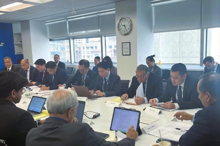 Đại sứ Đặng Hoàng Giang, Trưởng Phái đoàn Đại diện thường trực Việt Nam tại LHQ (ngoài cùng bên phải) tham dự Phiên Đối thoại. (Ảnh: TTXVN)