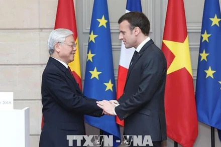 Tổng Bí thư Nguyễn Phú Trọng và Tổng thống Cộng hòa Pháp Emmanuel Macron. (Ảnh: TTXVN)