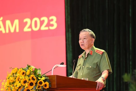 Bộ trưởng Tô Lâm phát biểu bế mạc Hội nghị. (Ảnh: Bộ Công an)