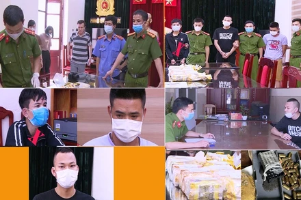 Các bị cáo (đánh dấu X) và hình ảnh công an bắt giữ, đấu tranh với tội phạm ma túy.