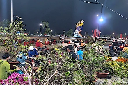 Các chủ quầy, sạp hoa kiểng bán xả hàng để kịp về nhà trước thời khắc giao thừa.