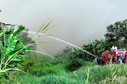 Xe chữa cháy và lực lượng chuyên dụng tham gia dập lửa tại Nông trường 402.