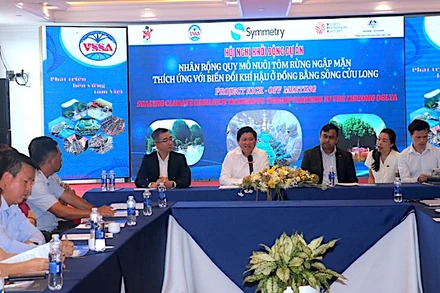 Các đại biểu thảo luận giải pháp nhân rộng quy mô nuôi tôm dưới tán rừng ngập mặn thích ứng với biến đổi khí hậu. 