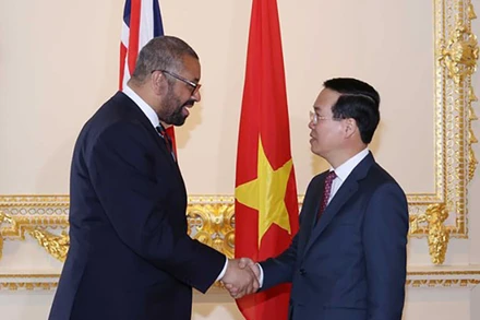 Chủ tịch nước Võ Văn Thưởng gặp Bộ trưởng Ngoại giao Anh James Cleverly. (Ảnh: Thống Nhất/TTXVN)