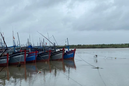 Tàu thuyền của ngư dân thành phố Tuy Hòa, neo đậu bên trong sông Chùa, dọc đường Bạch Đằng tránh bão Noru.