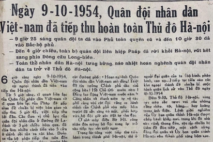 [Báo Nhân Dân, ngày 11-12/10/1954): Quân đội nhân dân Việt Nam đã tiếp thu hoàn toàn Thủ đô Hà Nội