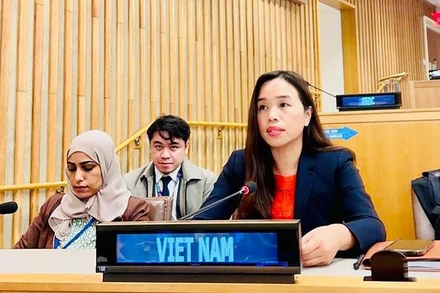 Tham tán Công sứ Lê Thị Minh Thoa, Phó Trưởng Phái đoàn thường trực Việt Nam tại LHQ phát biểu tại phiên họp (Nguồn: Báo Điện tử Đảng Cộng sản) 