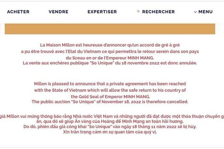 Thông báo của Hãng Millon trên trang web.