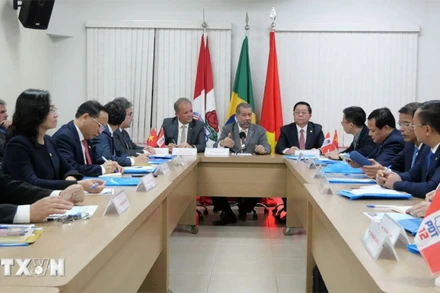 Trưởng Ban Tuyên giáo Trung ương Nguyễn Trọng Nghĩa làm việc với ông Carlos Lupin, Chủ tịch Đảng Lao động Dân chủ, Bộ trưởng An sinh xã hội. (Ảnh: Diệu Hương/TTXVN)