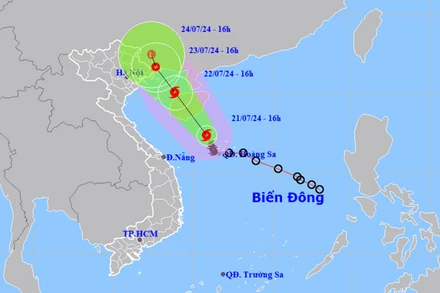 Vị trí và hướng di chuyển của bão số 2 lúc 16 giờ ngày 21/7. (Nguồn: nchmf.gov.vn)