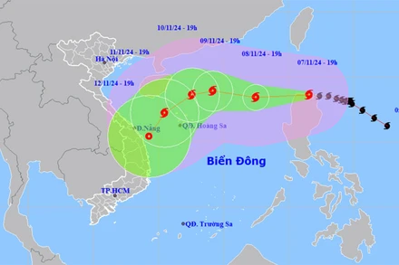 Vị trí và hướng di chuyển của bão Yinxing lúc 19 giờ ngày 7/11. (Nguồn: nchmf.gov.vn)