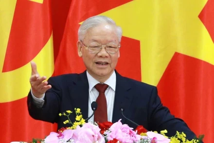 Tổng Bí thư Nguyễn Phú Trọng phát biểu tại buổi gặp gỡ nhân sĩ hữu nghị và thế hệ trẻ Việt Nam-Trung Quốc (12/2023). (Ảnh: Phương Hoa/TTXVN)