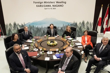 Các ngoại trưởng G7 nhóm họp tại một khách sạn tại khu nghỉ dưỡng Karuizawa, tỉnh Nagano, miền Trung Nhật Bản. (Ảnh: AP/TTXVN)