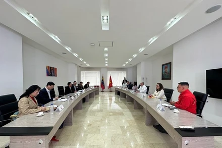 Ông Nguyễn Lam - Phó Trưởng Ban Dân vận Trung ương làm việc với Phó Chủ tịch thứ nhất Đảng PSUV Diosdado Cabello Rondón. (Nguồn: Đại sứ quán Việt Nam tại Venezuela/TTXVN)