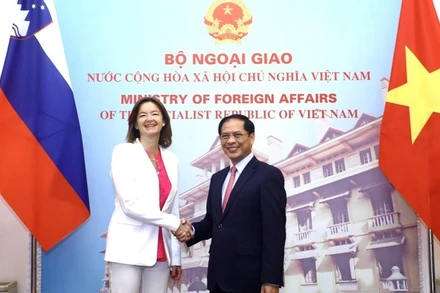 Bộ trưởng Ngoại giao Bùi Thanh Sơn đón Phó Thủ tướng, Bộ trưởng Ngoại giao và Các vấn đề châu Âu Cộng hòa Slovenia Tanja Fajon. Ảnh: TTXVN