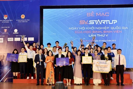 Ðại diện các dự án đoạt giải tại cuộc thi Học sinh, sinh viên với ý tưởng khởi nghiệp năm 2023. (Ảnh: moet.gov.vn) 