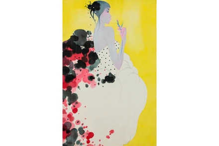 Bùi Tiến Tuấn, Tuổi mộng mơ, mực và acrylic trên lụa, 140x84cm, 2024. Ảnh: NVCC 