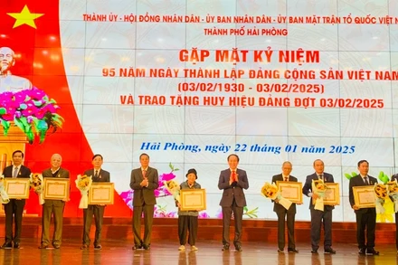 Lãnh đạo thành phố Hải Phòng trao Huy hiệu Đảng tặng các đảng viên tiêu biểu.