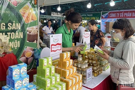 Người tiêu dùng tham quan các gian hàng tại hội chợ " Hàng hoá, sản phẩm xanh vì người tiêu dùng" do Sở công thương Hà Nội phối hợp với UBND quận Bắc Từ Liêm tổ chức. (Ảnh: THANH HIỀN)