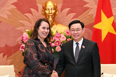 Chủ tịch Quốc hội Vương Đình Huệ và Đại sứ New Zealand Tredene Dobson tại buổi tiếp. (Ảnh: DUY LINH)