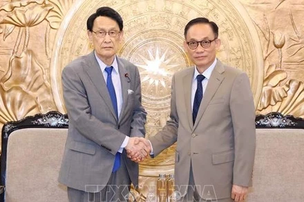 Trưởng Ban Đối ngoại Trung ương Lê Hoài Trung tiếp Trưởng Ban Nghiên cứu chính sách Đảng Dân chủ Tự do Nhật Bản Tokai Kisaburo. (Ảnh: TTXVN)