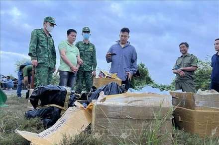 Đoàn đặc nhiệm của Phòng phòng chống ma túy và tội phạm miền Nam (Bộ Tư lệnh Bộ đội Biên phòng) phối hợp công an địa phương bắt giữ gần 600kg pháo tại khu vực biên giới thuộc xã Bình Tân, thị xã Kiến Tường, tỉnh Long An. Ảnh: TTXVN