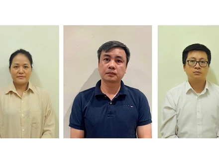 Các bị can ( từ trái qua: Phan Thị Thu Thủy, Trần Tuấn Vinh, Trần Vinh Quang).