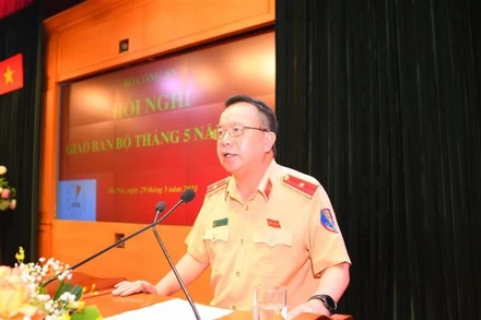 Thiếu tướng Nguyễn Văn Trung, Cục trưởng Cảnh sát giao thông phát biểu tại hội nghị giao ban Bộ Công an tháng 5/2023.