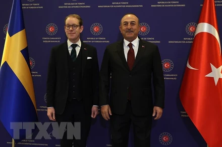 Ngoại trưởng Thổ Nhĩ Kỳ Mevlut Cavusoglu (phải) trong cuộc họp báo chung với người đồng cấp Thụy Điển Tobias Billstrom tại Ankara, ngày 22/12/2022. (Ảnh: AFP/TTXVN)