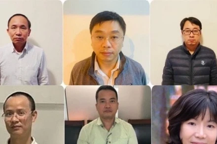 Một số bị cáo bị đưa ra xét xử tại phiên tòa sơ thẩm sáng 17/3. (Nguồn: Bộ Công an)