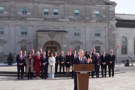 Thủ tướng Canada Mark Carney phát biểu trong buổi họp báo tại Ottawa ngày 14/3/2025. (Ảnh: Tân Hoa xã)