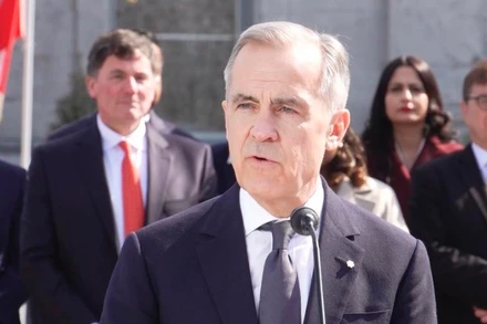 Thủ tướng Canada Mark Carney phát biểu trước báo giới trong một sự kiện ở Ottawa. (Ảnh: Tân Hoa xã)