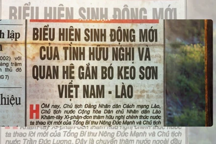 Bài báo Biểu hiện sinh động mới của tình hữu nghị và quan hệ gắn bó keo sơn Việt Nam-Lào trên báo Nhân Dân số ra ngày 13/5/2002. 