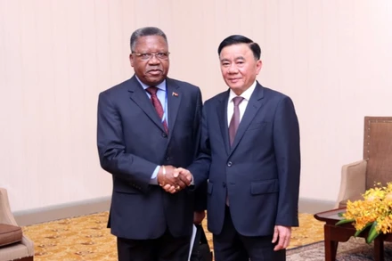 Thường trực Ban Bí thư Trần Cẩm Tú tiếp đồng chí Jorge Inocenio Dombolo, Ủy viên Bộ Chính trị Đảng Phong trào nhân dân giải phóng Angola. (Ảnh: Xuân Khu-TTXVN)