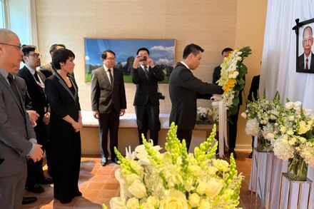 Đại sứ Đặng Hoàng Giang đặt vòng hoa viếng đồng chí Khamtay Siphandone. (Ảnh: Thanh Tuấn - PV TTXVN tại Mỹ)